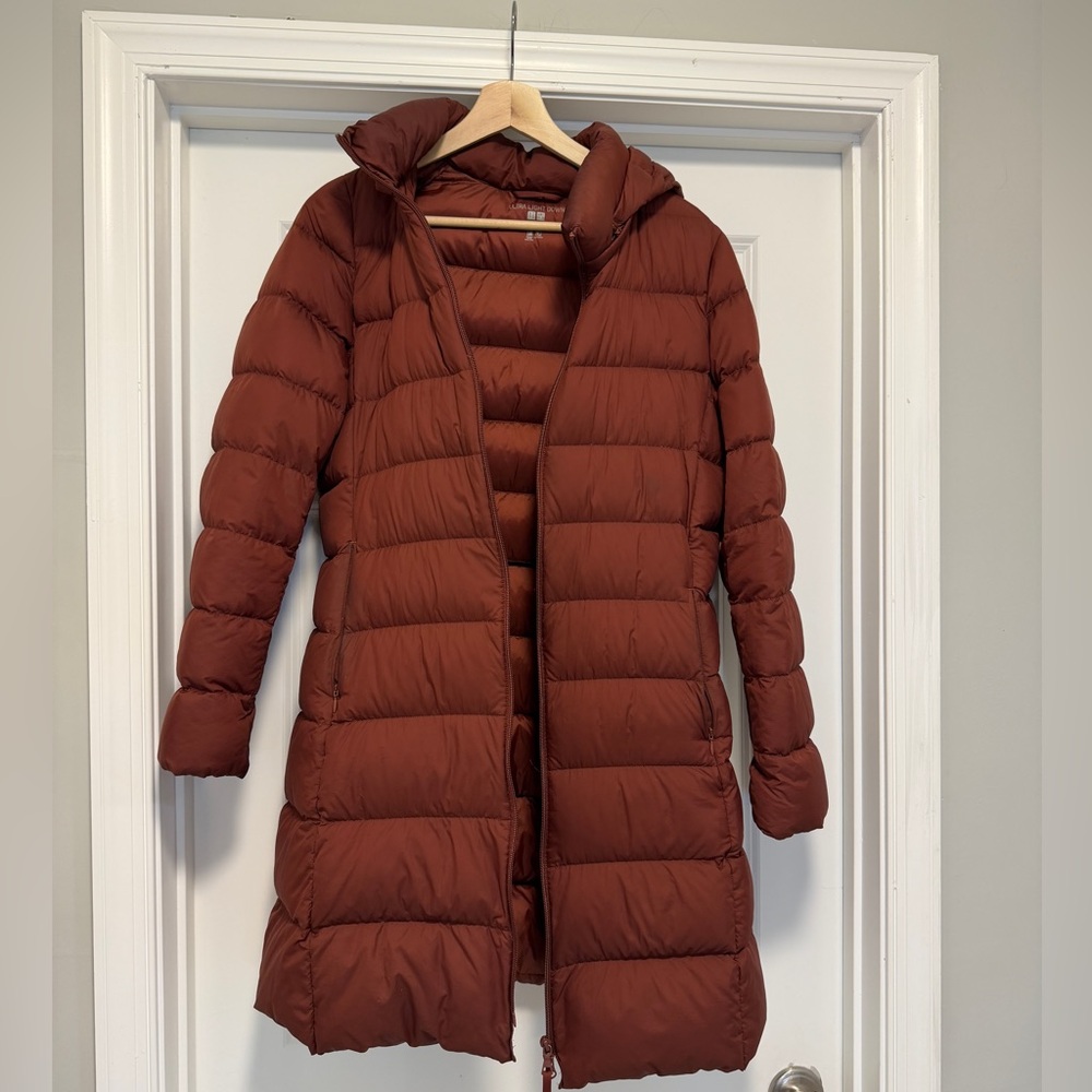 Uniqlo Women's Hooded Ultra Light Down Long Puffer Coat | Rust Maroon | M